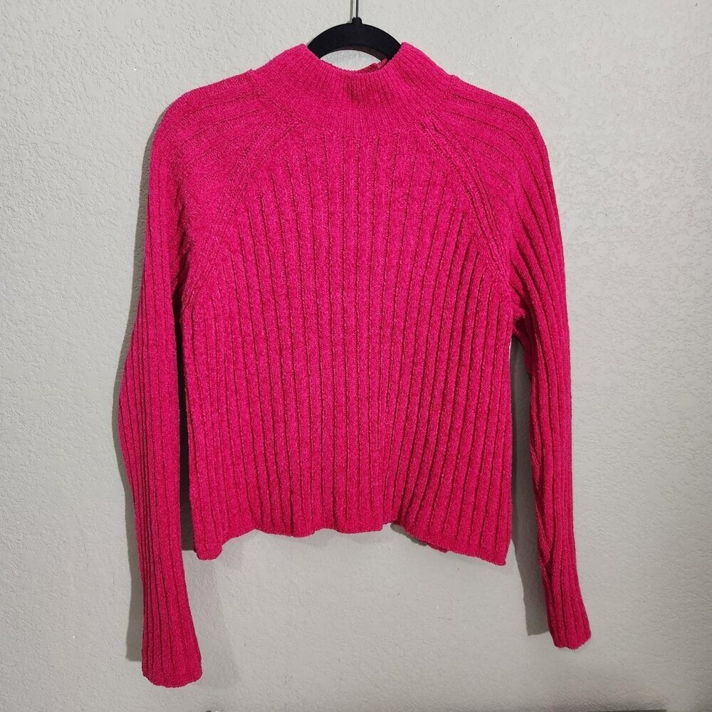 Pink Republic Sweater Womens XL Hot Pink Ribbed Knit Mock Neck Pullover Chenille